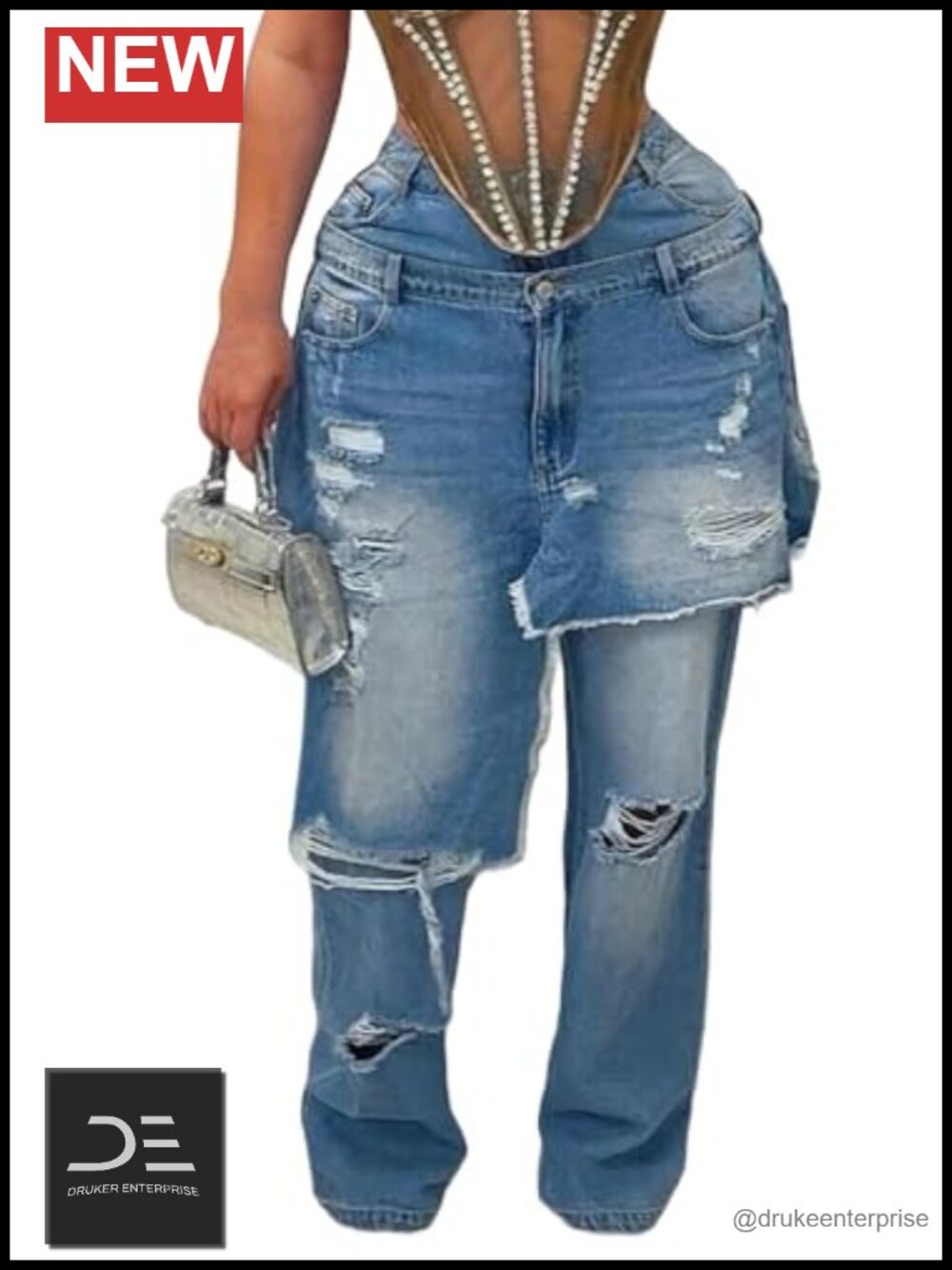 Women Cargo Jeans Ripped Patchwork Wide Leg Harem Denim Pants High Waist Raw